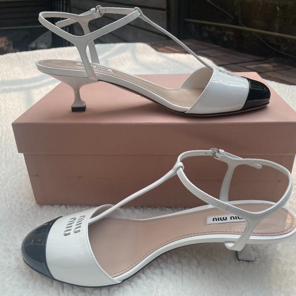 Miu Miu Bicolor Cap-Toe T-Strap Kitten Pumps -  Size 10.5